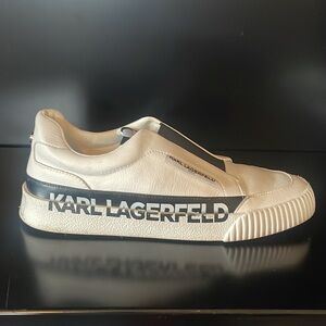 KARL LAGERFELD PARIS Josie Leather White Black Slip-On Sneakers $129 EUC Wmn’s 7